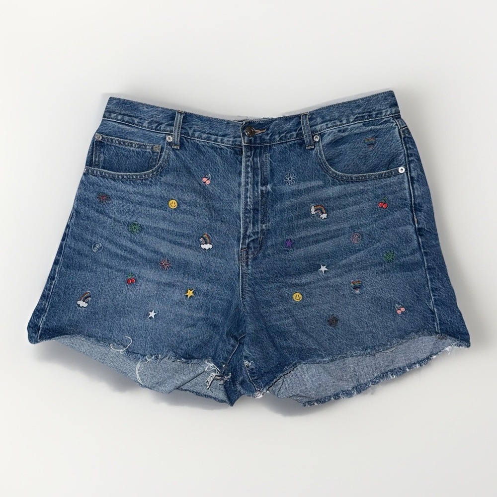 American Eagle Embroidered Denim Shorts Rainbow Smiley Festival Altered Waist 18